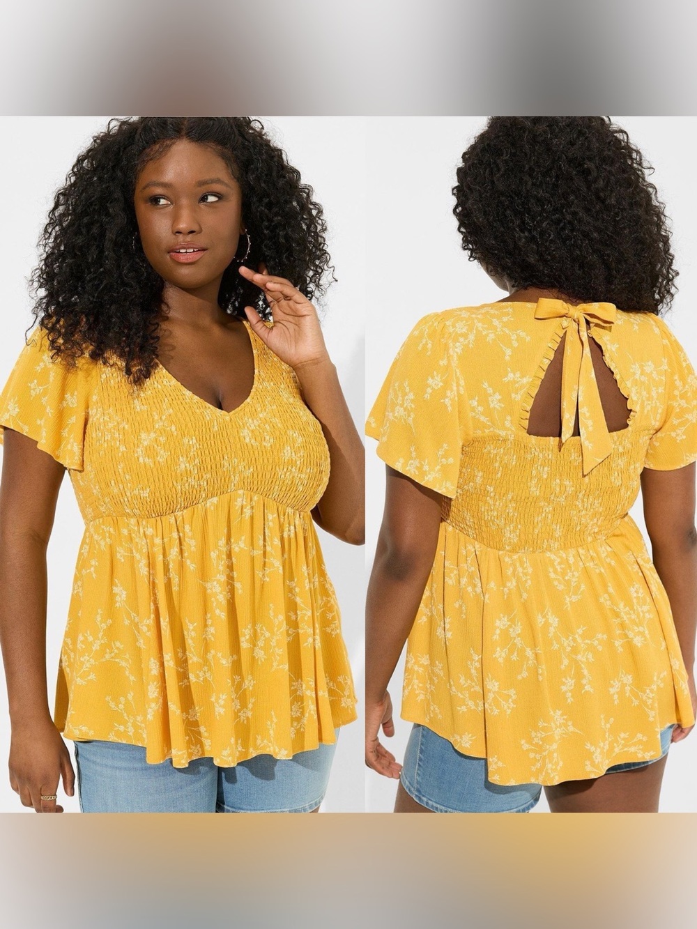 Torrid Babydoll yellow flutter Smocked open back Babydoll Top blouse 2X
